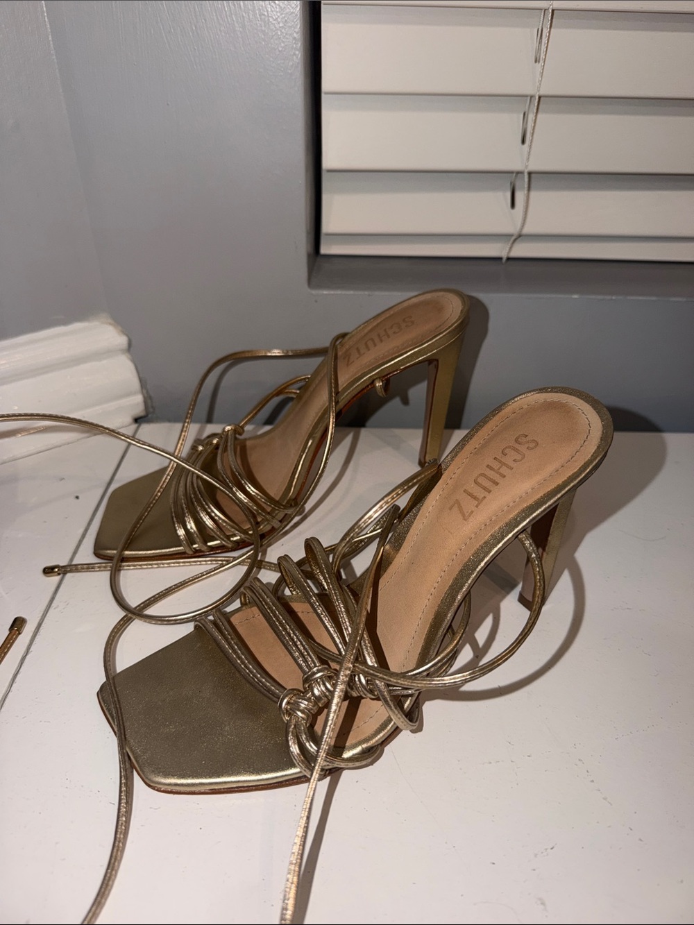 SCHUTZ Gold Strappy Lace-Up High Heel Sandals